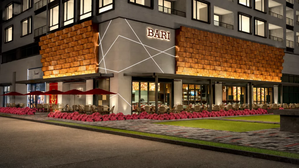 The elegant and glamorous interior dining room of BARI Ristorante in The Woodlands Waterway Square