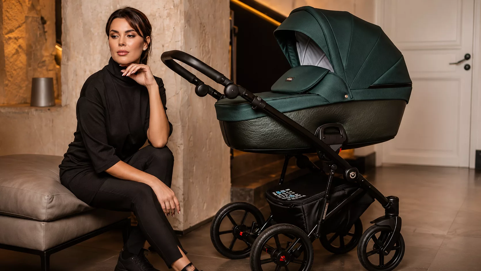 An elegant luxury baby stroller with premium leather and aluminum details parked on a city sidewalk