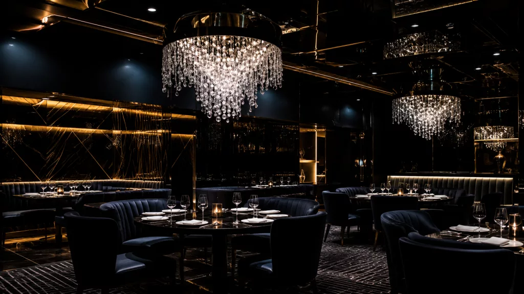 An ultra-luxury multi-sensory dining room setup with dramatic overhead projections and fine dining courses