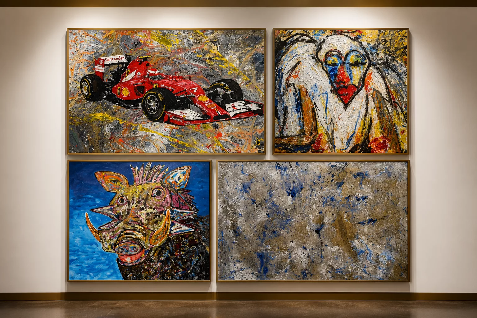 A large-scale contemporary abstract painting by RC Noël featuring textured layers of gold leaf and acrylic paint