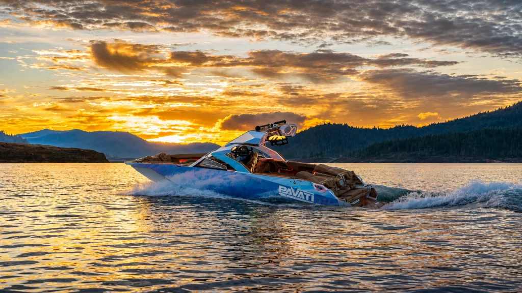 Pavati aluminum wake boat cutting through water on Houston lake